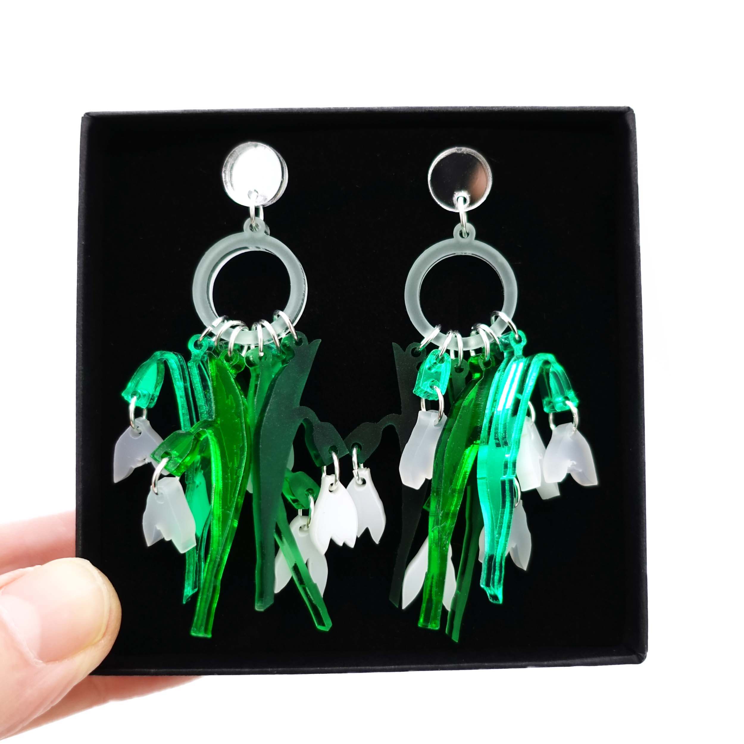 Snowdrop earrings designed by Sarah Day for Wear and Resist. 