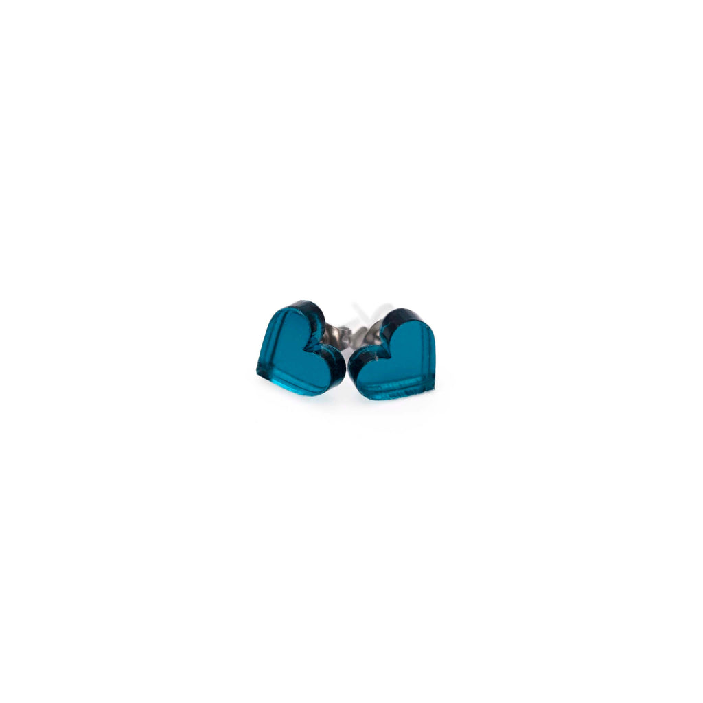 Teal mirror tiny heart stud earrings shown on a white background. 