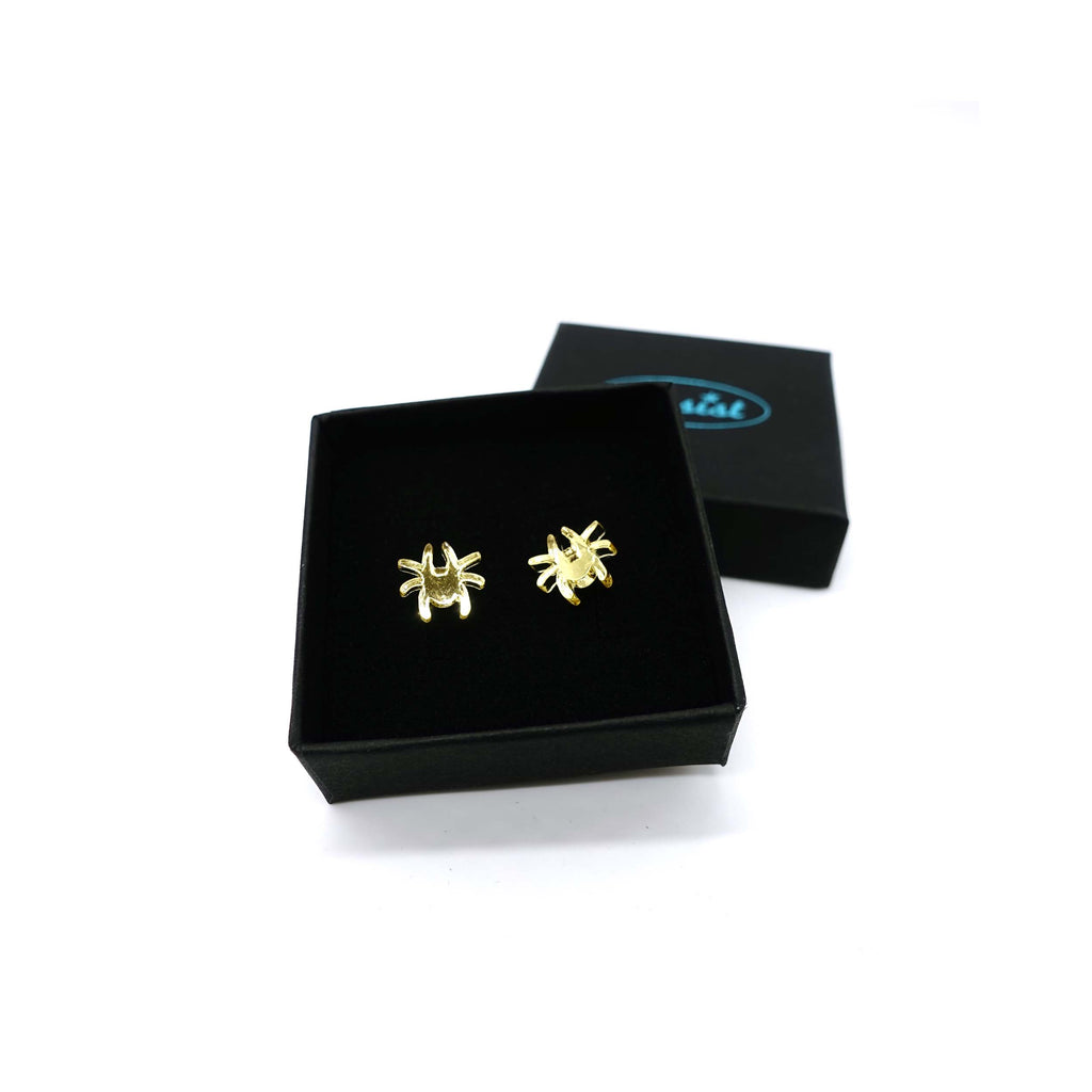 Tiny spider earrings in new gold mirror  shown in gift box. 