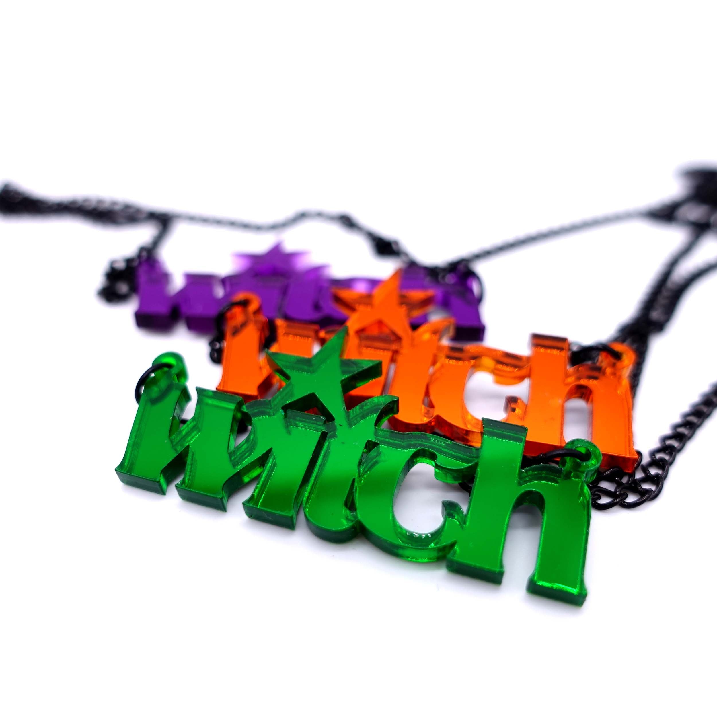 New Halloween colours! Witch necklaces in envy green mirror, flame orange mirror and poison purple mirror. 