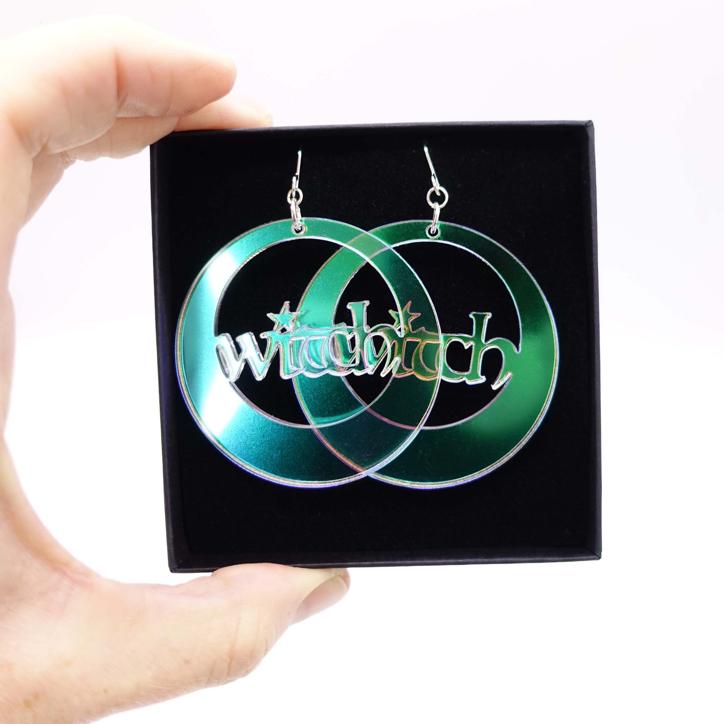 Witch hoop earrings in Iridescent. Not just for Halloween! Celebrate your power all year round. 