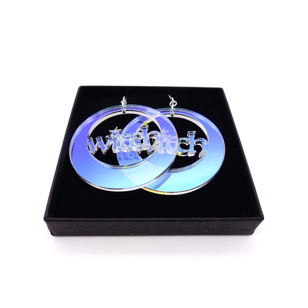 Witch hoop earrings in Iridescent. Not just for Halloween! Designed by Sarah Day. Shown in a Wear and Resist gift box. 