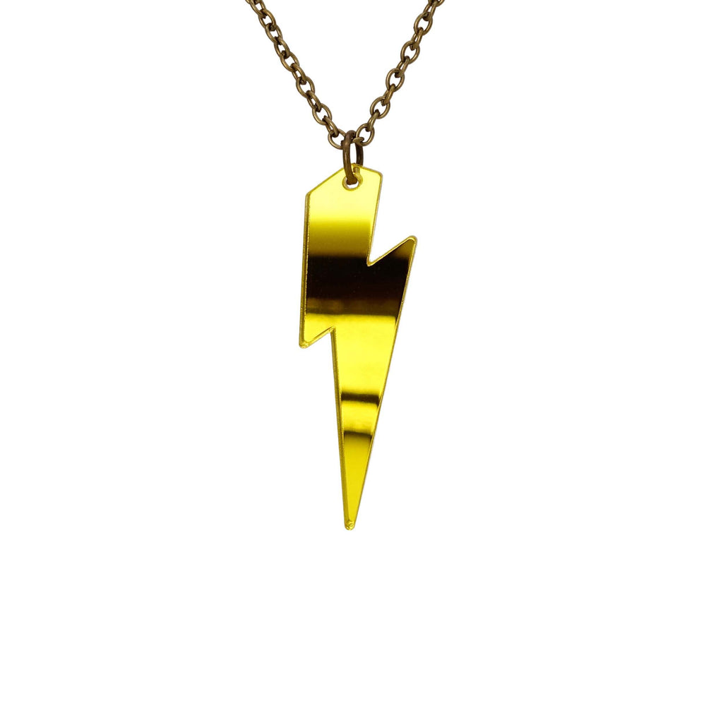Yellow mirror Lightning Bolt necklace shown hanging against a white background. 