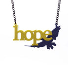 Matte mustard and blue slate Hope is the Thing with feathers necklace
